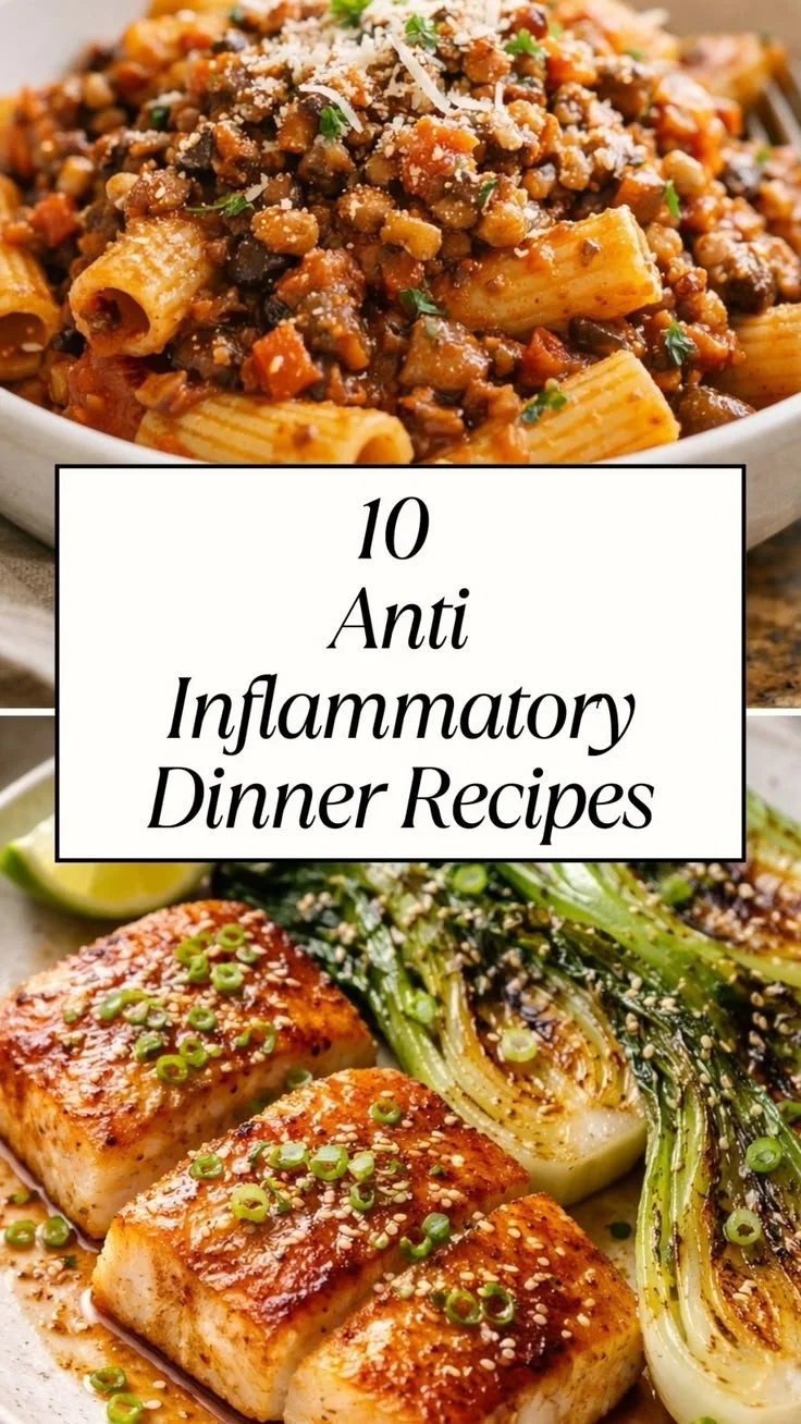 A colorful spread of 10 anti-inflammatory dinner recipes for healthy eating.