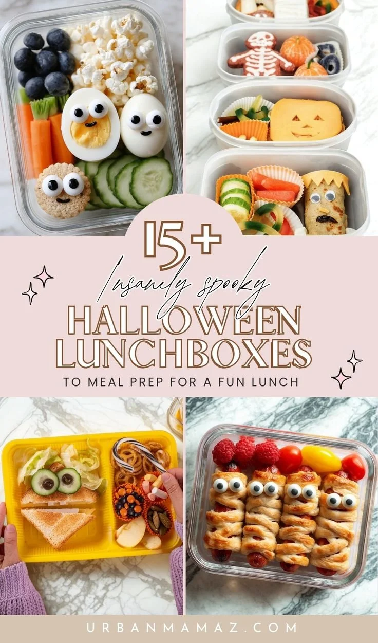 Colorful Halloween-themed lunchbox ideas for kids featuring spooky snacks.