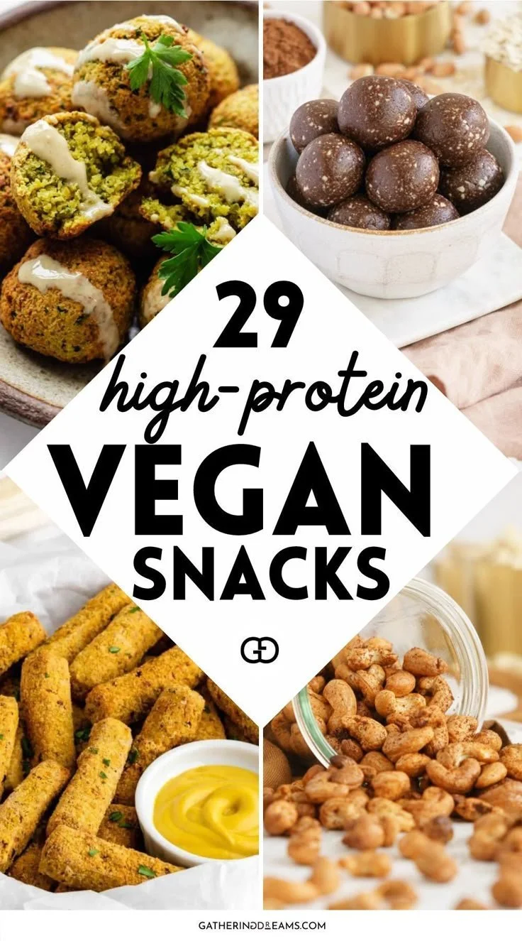 Variety of high protein vegan snacks including bars, nuts, and legumes.