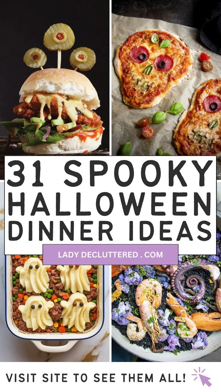 A spooky Halloween dinner table set with themed dishes and decorations.