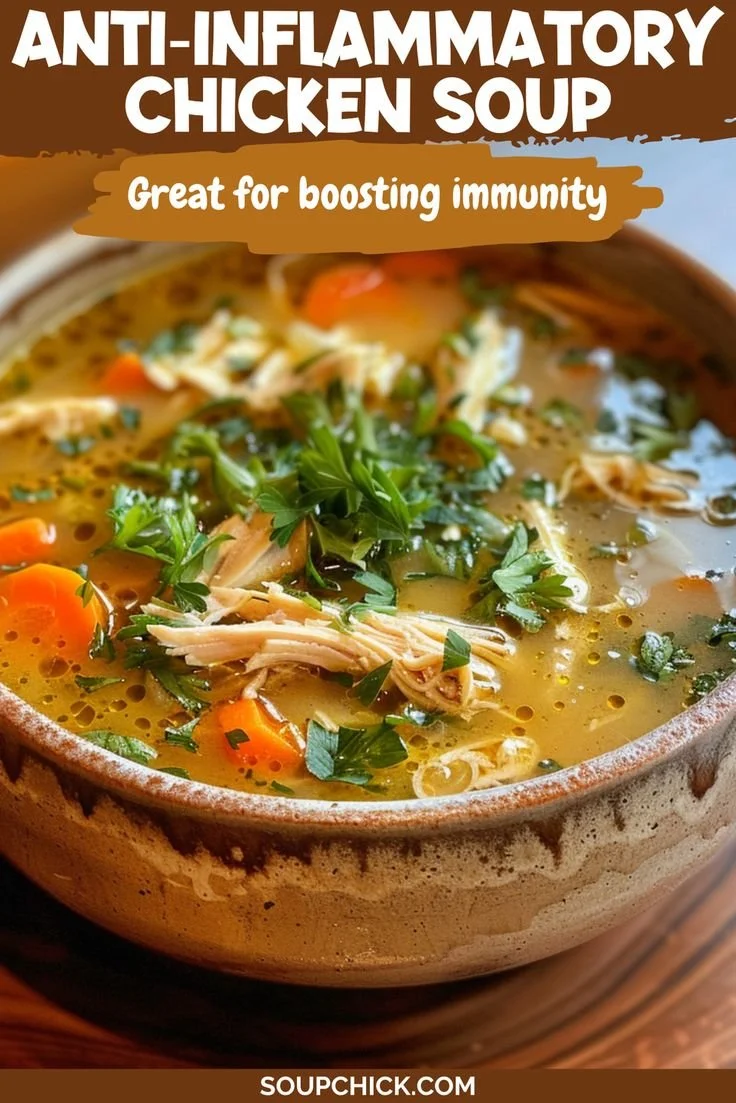 Bowl of anti-inflammatory chicken soup with fresh herbs and vegetables