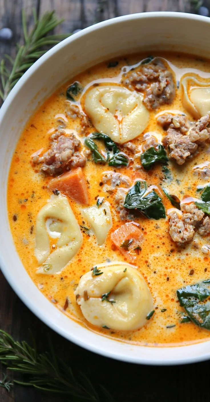 Bowl of Sausage Tortellini Soup with Spinach, an autumn comfort dish