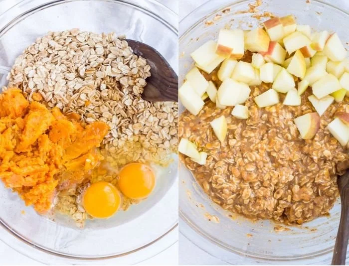 Baked apple oats with sweet potatoes in a cozy bowl ready to eat.