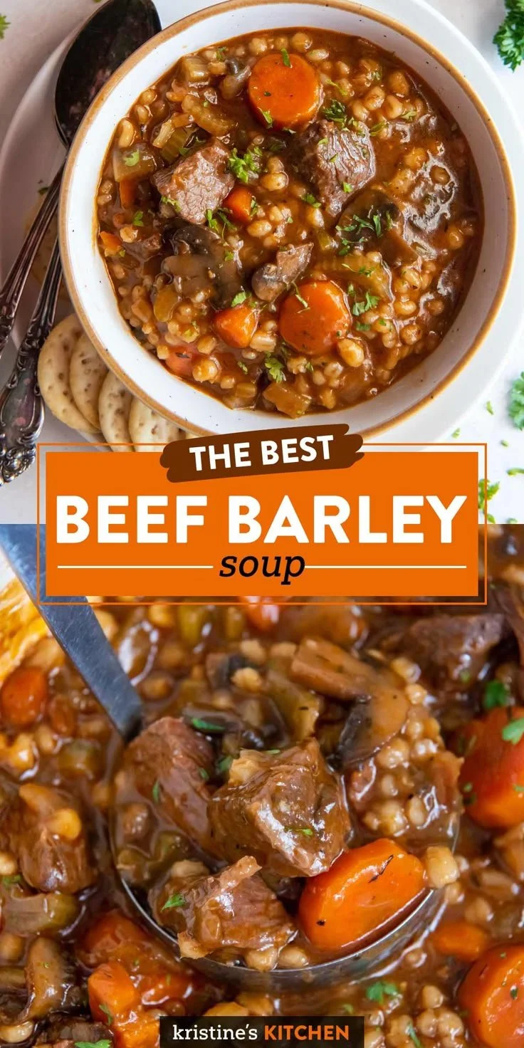 Bowl of hearty beef barley soup garnished with fresh herbs and vegetables