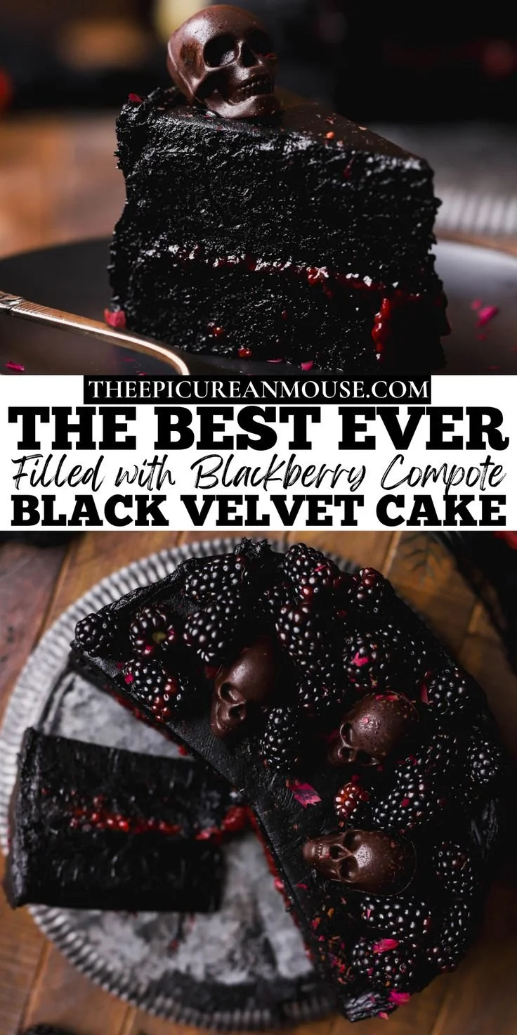 Spooky Black Velvet Halloween Cake decorated for Halloween