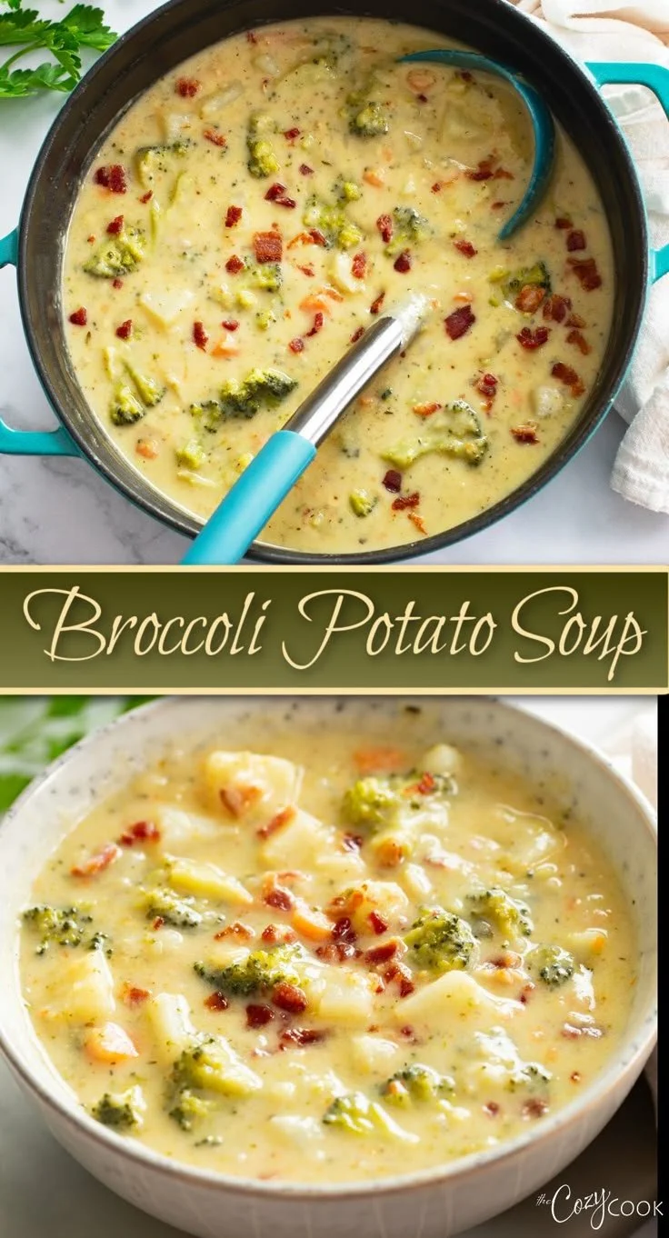 Bowl of creamy Broccoli Potato Soup with fresh herbs on top
