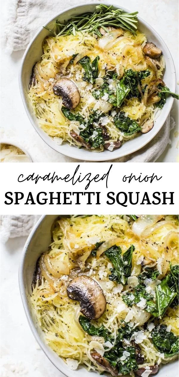 Caramelized onion spaghetti squash dish garnished with herbs
