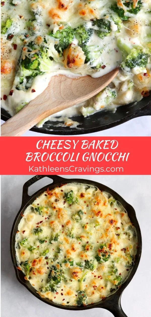 Cheesy baked broccoli gnocchi dish served in a ceramic bowl