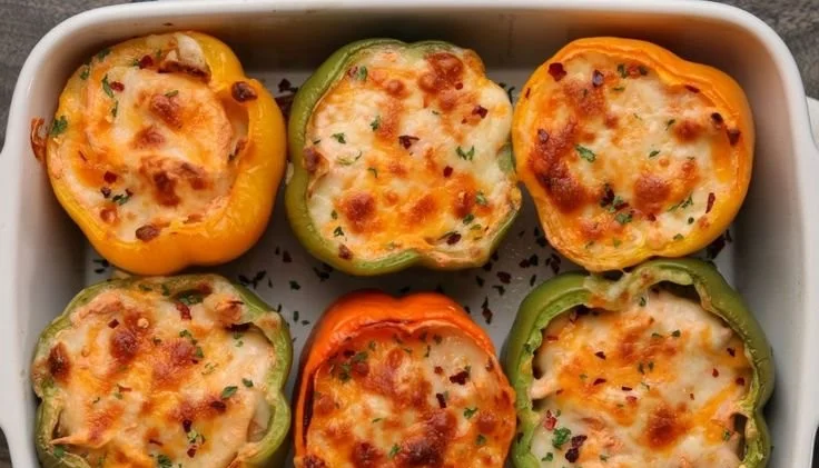 Cheesy Buffalo Chicken Stuffed Peppers served on a plate