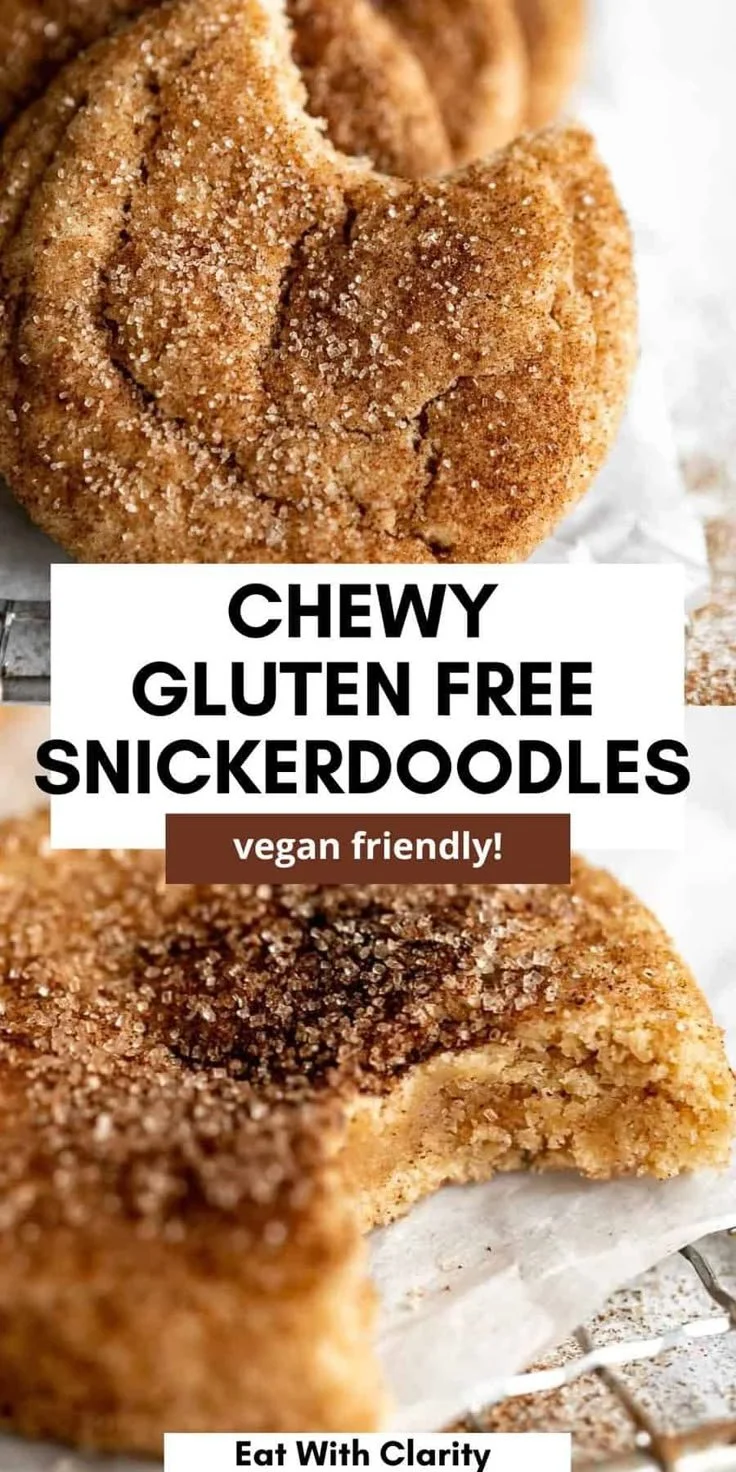 Chewy gluten free snickerdoodles on a plate with cinnamon sugar topping.