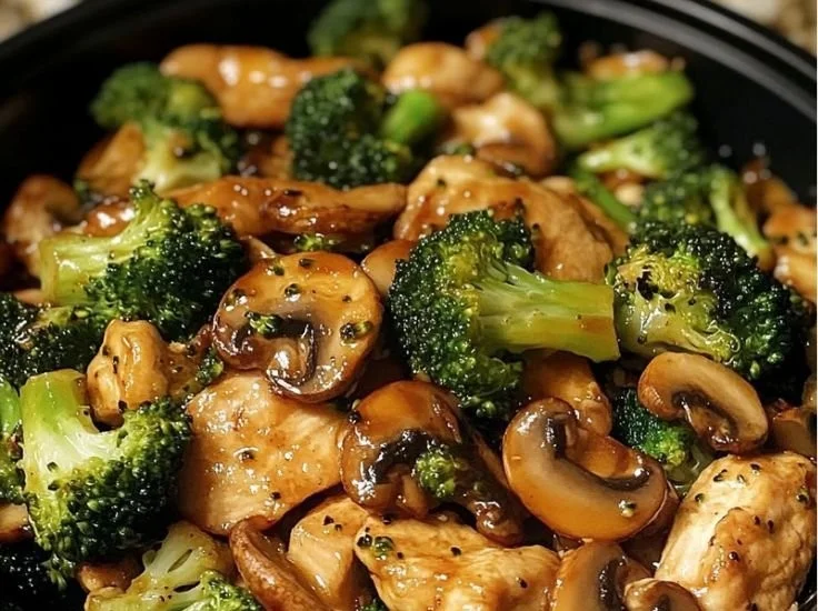 Delicious chicken stir-fry with broccoli and mushrooms served in a bowl