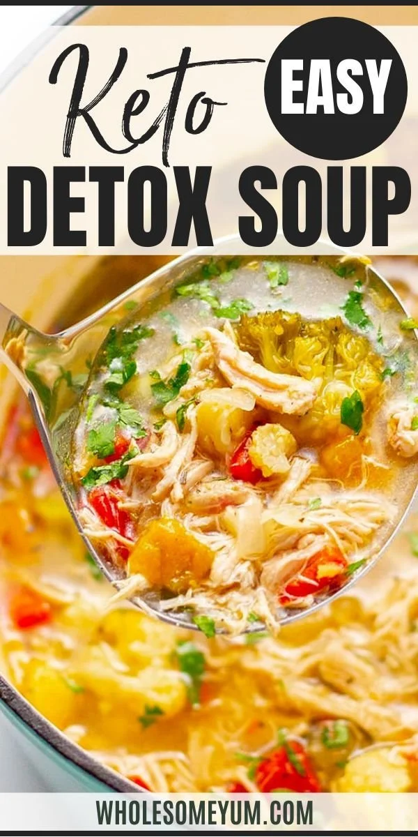 Healthy chicken detox soup recipe with fresh vegetables and herbs.