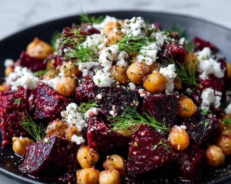 Chickpea Beet Feta Salad with fresh ingredients in a bowl
