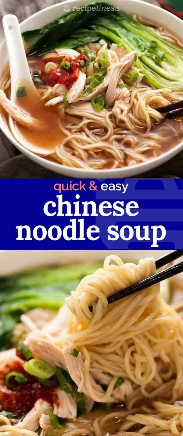 Bowl of steaming Chinese noodle soup with fresh vegetables and herbs