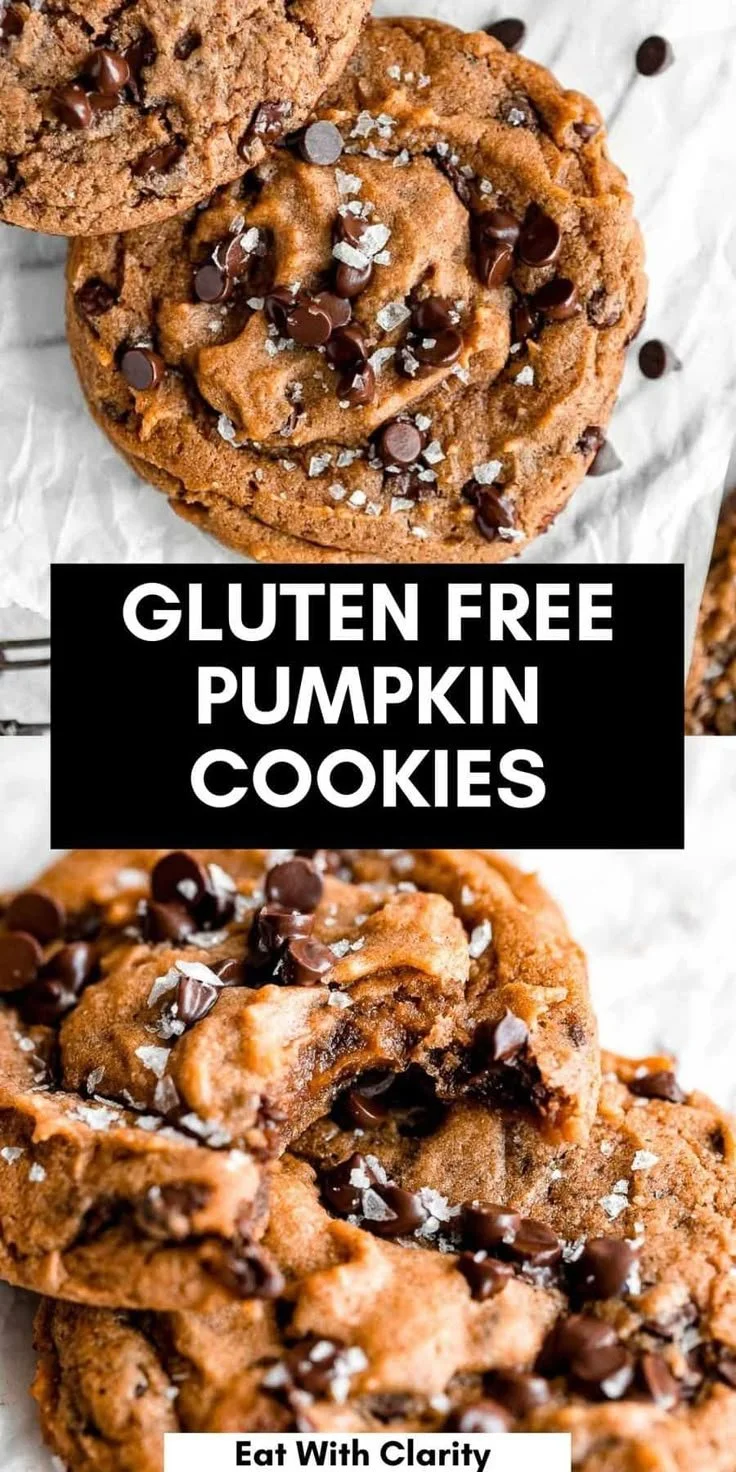 Gluten free chocolate chip pumpkin cookies on a rustic wooden table