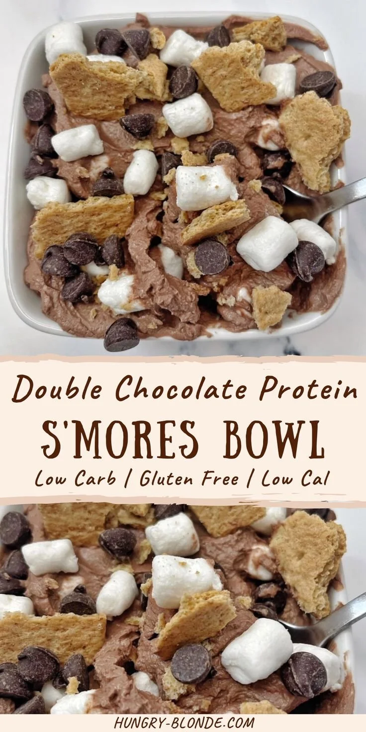 Chocolate Protein S'mores Bowl topped with marshmallows and graham crackers