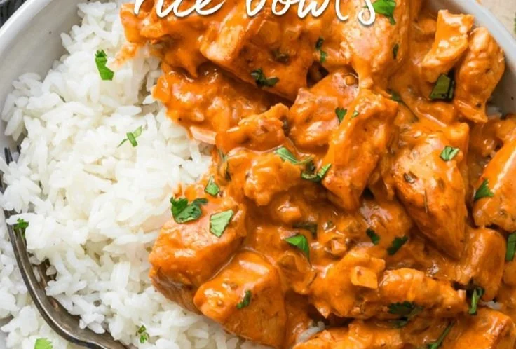 Coconut Chicken Rice Bowl with vegetables and herbs for a healthy dinner