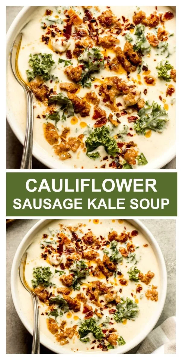Creamy cauliflower sausage kale soup in a bowl topped with fresh herbs