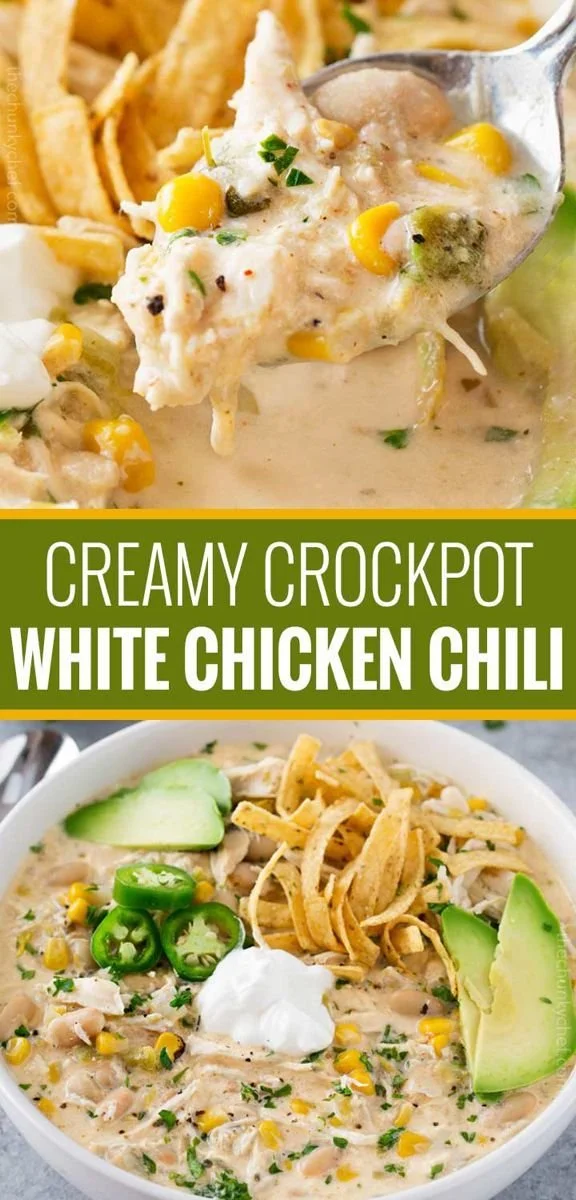 Creamy crockpot white chicken chili in a bowl, garnished with cilantro.