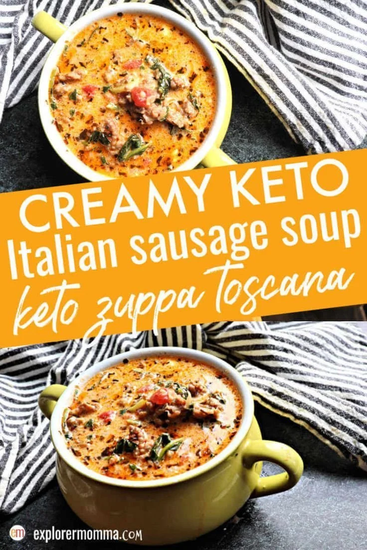 Bowl of creamy Keto Italian Sausage Soup topped with fresh herbs