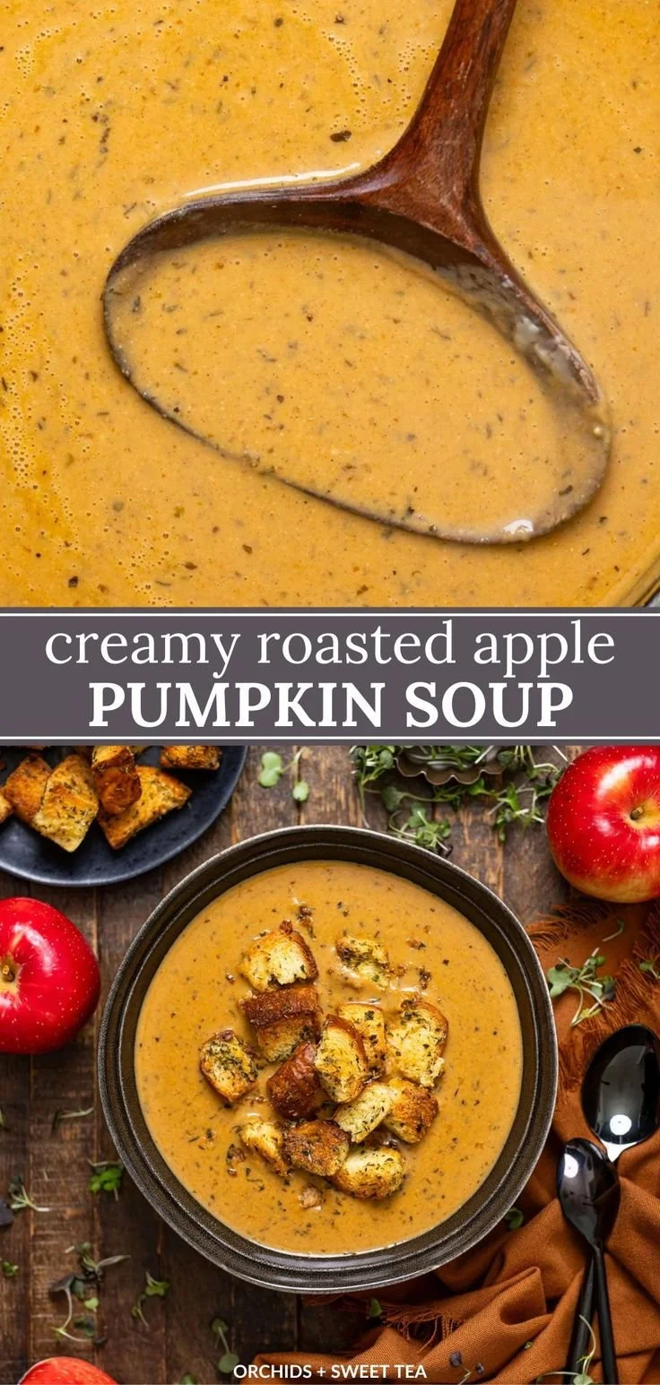 Bowl of creamy roasted apple pumpkin soup garnished with herbs