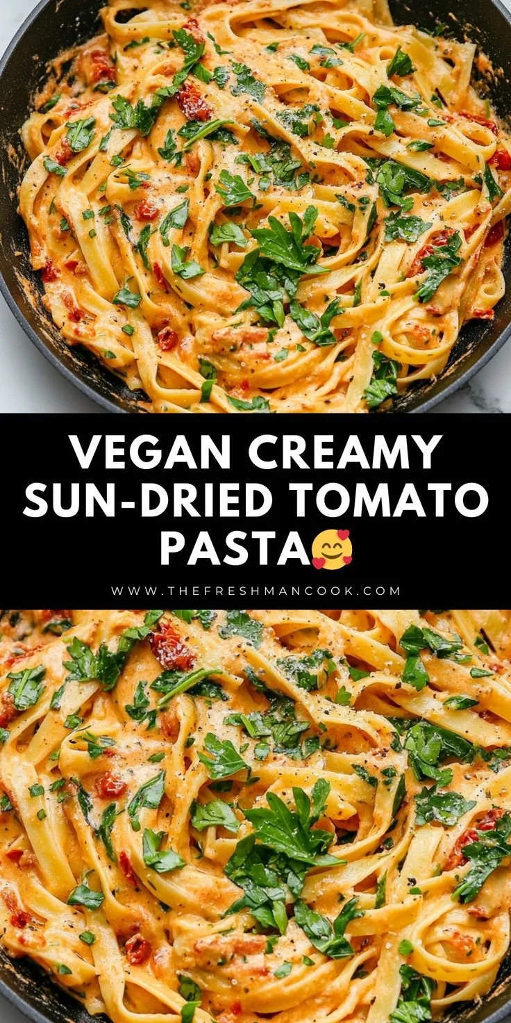 Creamy sun-dried tomato vegan pasta served in a bowl with fresh herbs