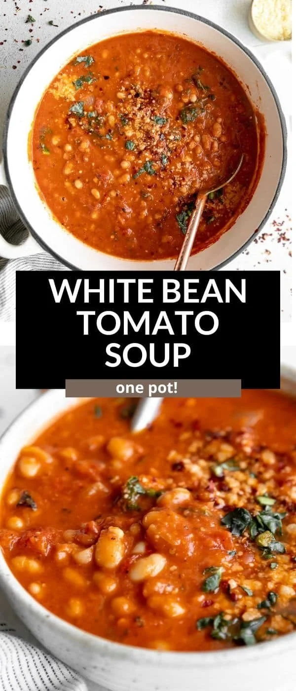 Creamy vegan white bean tomato soup served in a bowl with fresh herbs.