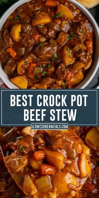 Delicious Crock Pot beef stew with beef, vegetables, and spices cooking slowly.