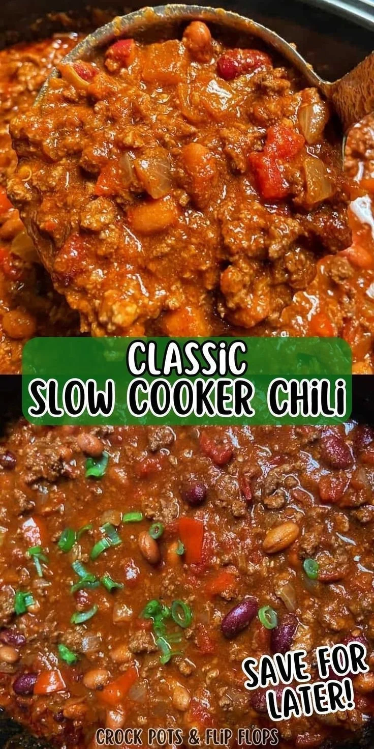 Crockpot Classic Chili served in a bowl, garnished with fresh herbs