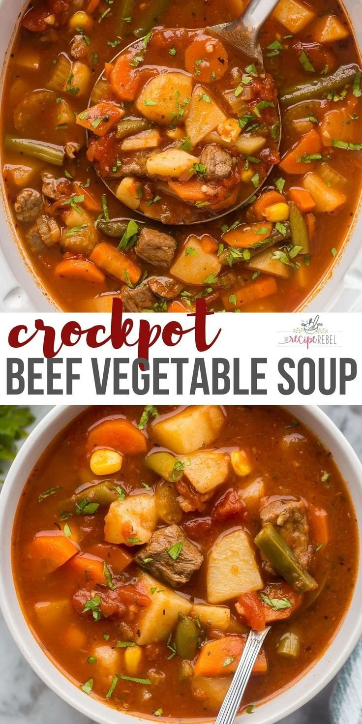 Crockpot vegetable beef soup with fresh vegetables and tender beef
