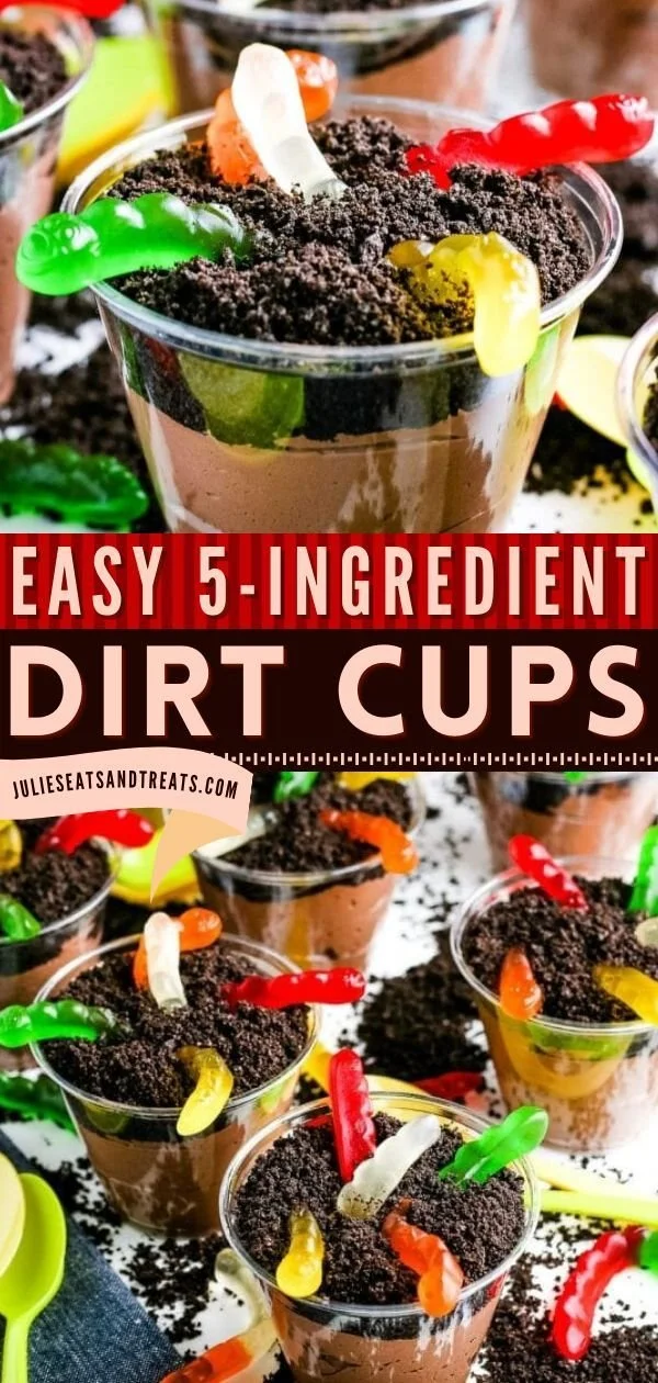 Delicious dirt cups dessert with gummy worms and chocolate pudding.