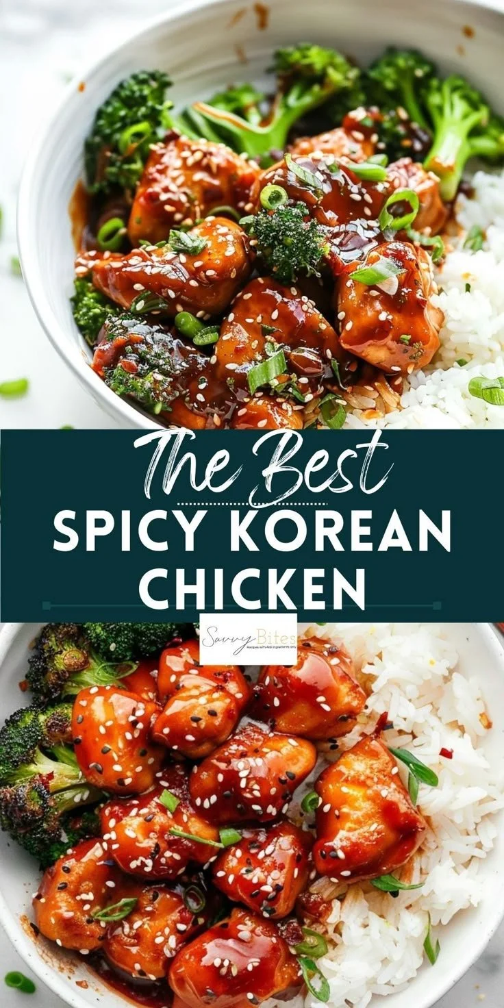 Delicious spicy Korean chicken served with rice and vegetables