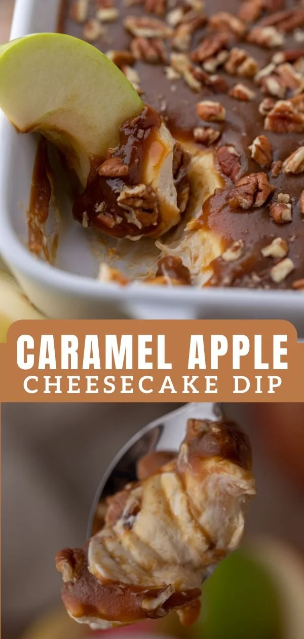 Delicious caramel apple cheesecake dip served with apple slices