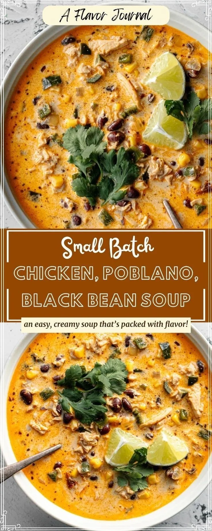 Creamy chicken soup with poblanos and black beans served in a bowl