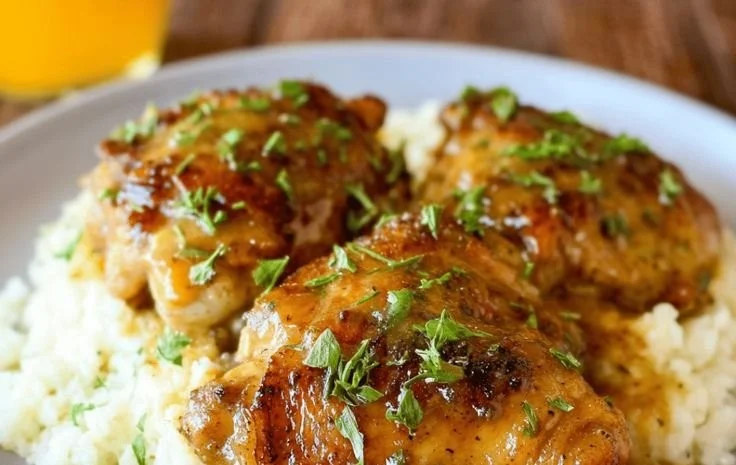 Easy Crockpot chicken thighs served with creamy gravy on a plate