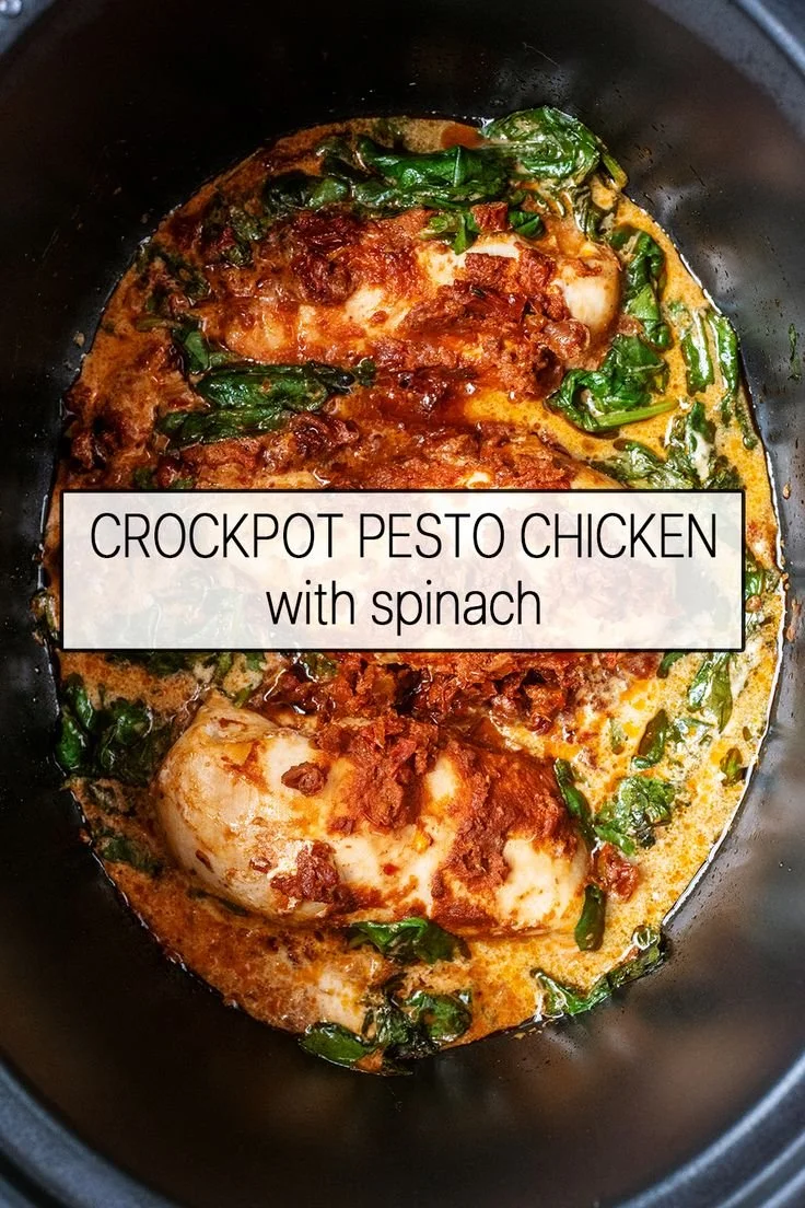 Delicious easy crockpot pesto chicken with sun-dried tomato and creamy spinach sauce