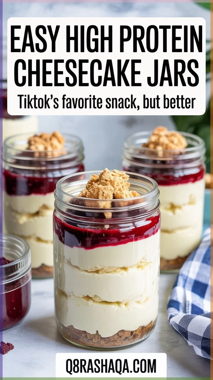 Easy high protein cheesecake jars with a delicious topping, perfect for a healthy snack.