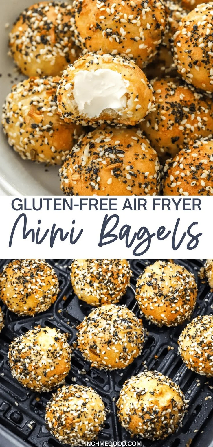 Gluten-free air fryer mini bagels fresh out of the air fryer.