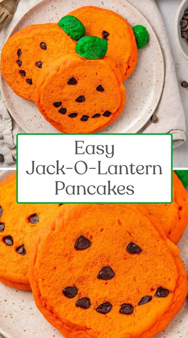 Easy Jack-O-Lantern pancakes served on a plate for Halloween breakfast.