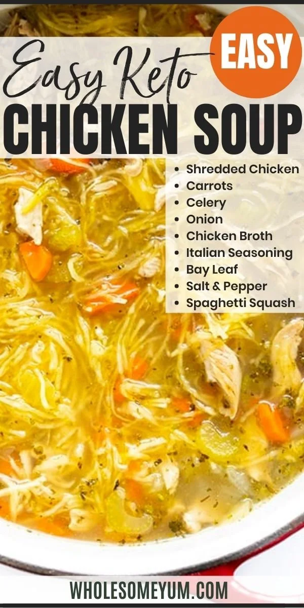 Bowl of easy keto low carb chicken soup garnished with herbs
