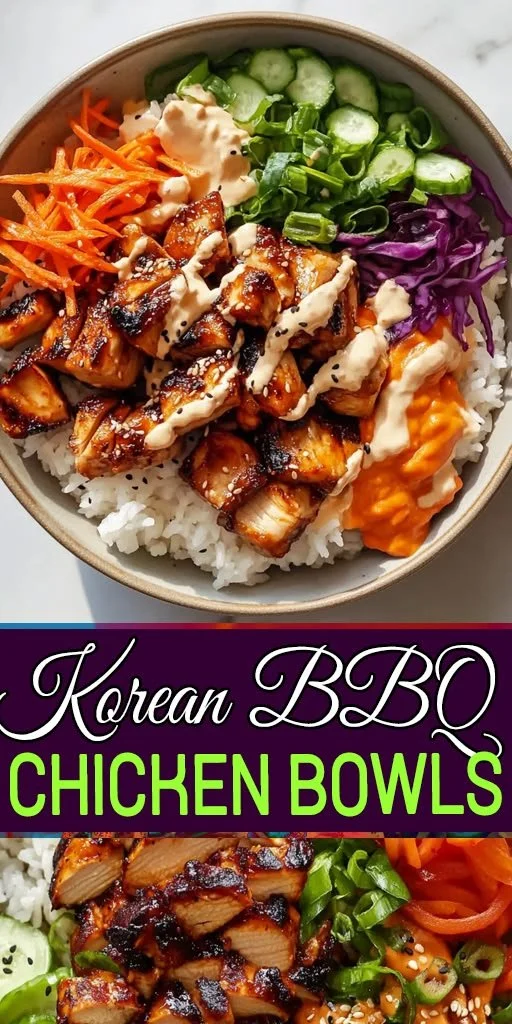 Delicious Korean BBQ chicken rice bowl with colorful vegetables and rice