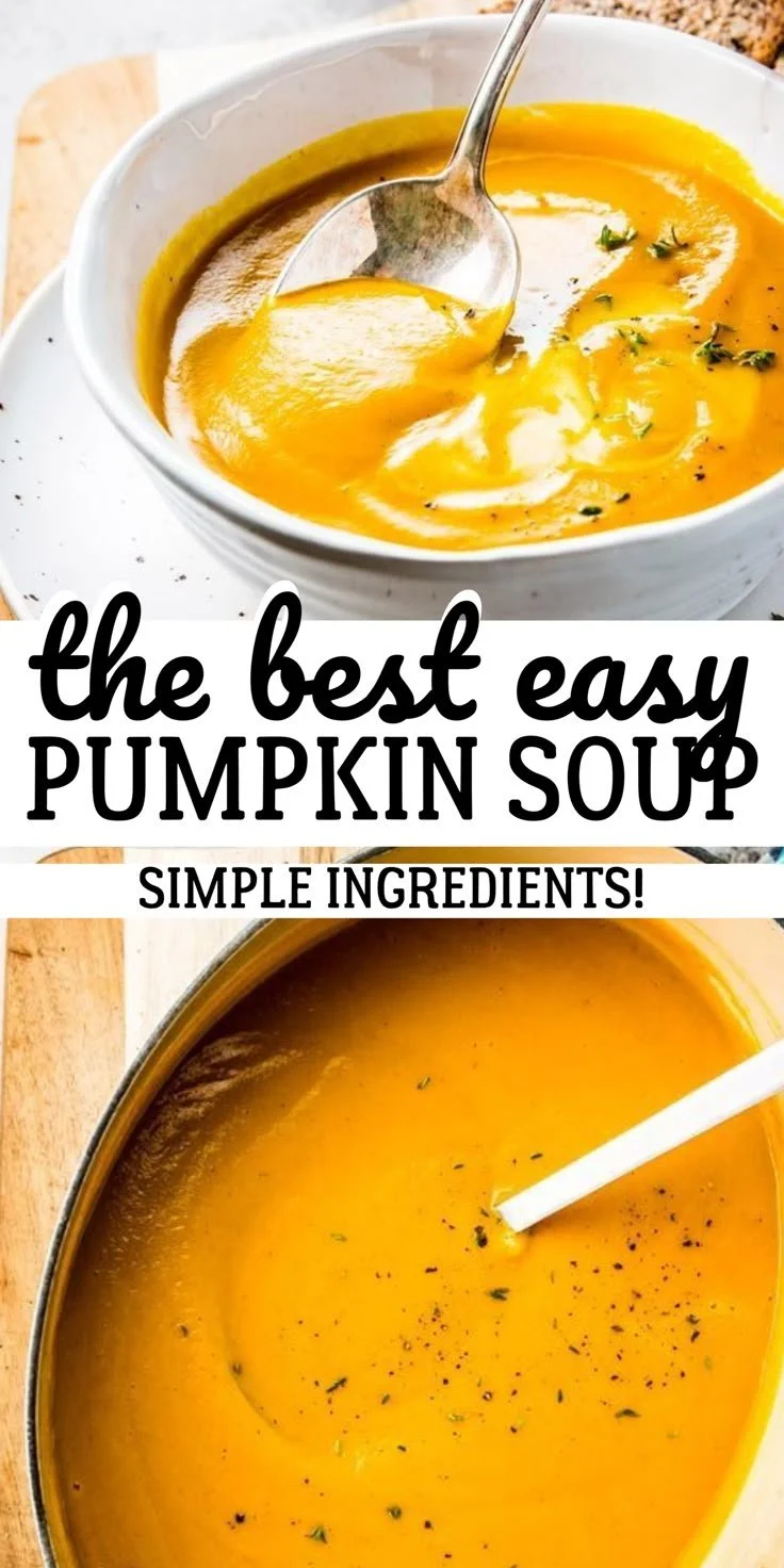 Bowl of easy pumpkin soup garnished with herbs and cream