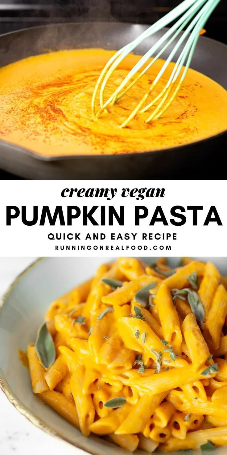 Bowl of creamy vegan pumpkin pasta topped with herbs and spices.