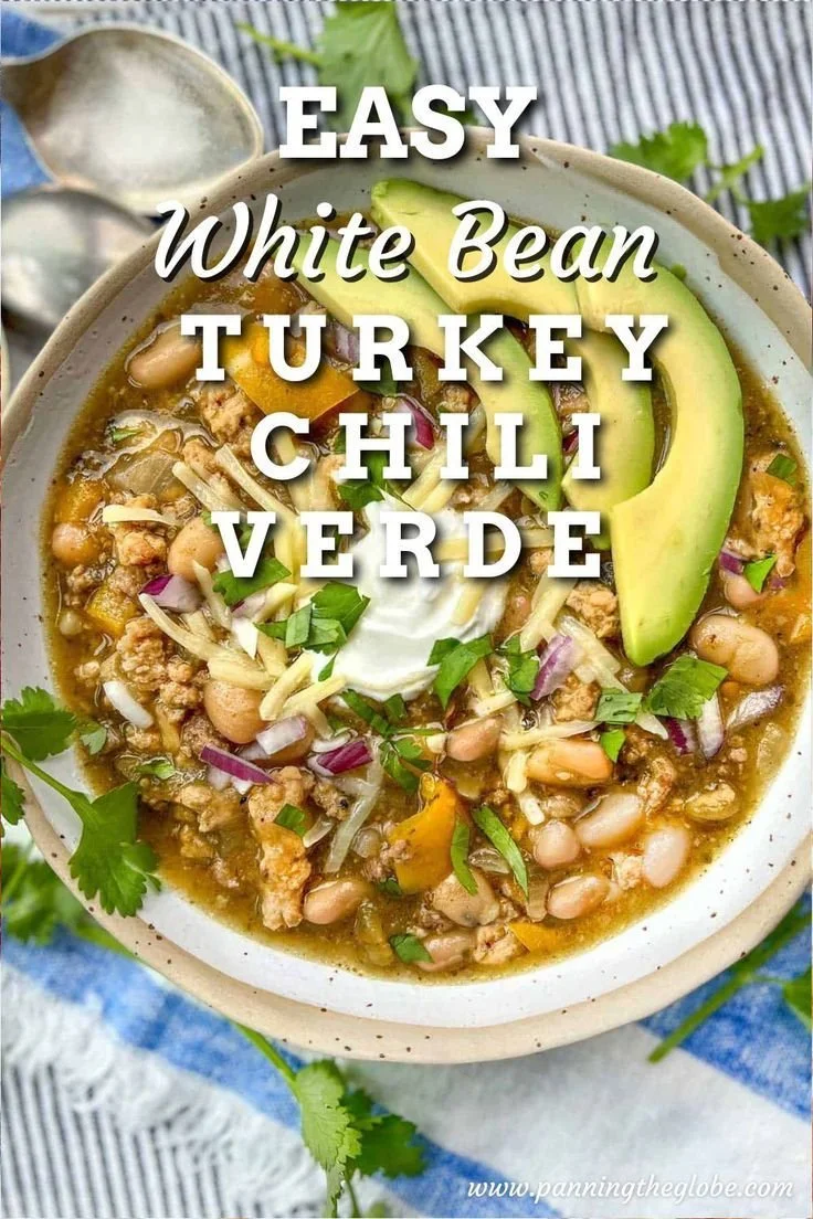 Bowl of easy white bean turkey chili verde garnished with cilantro.