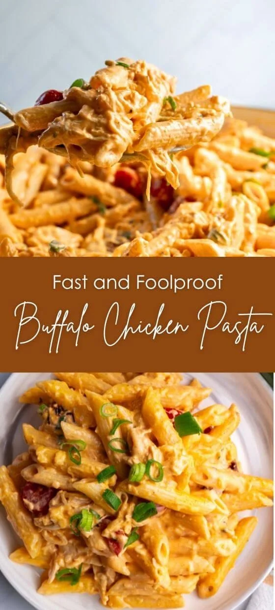 Delicious buffalo chicken pasta served in a bowl with fresh herbs