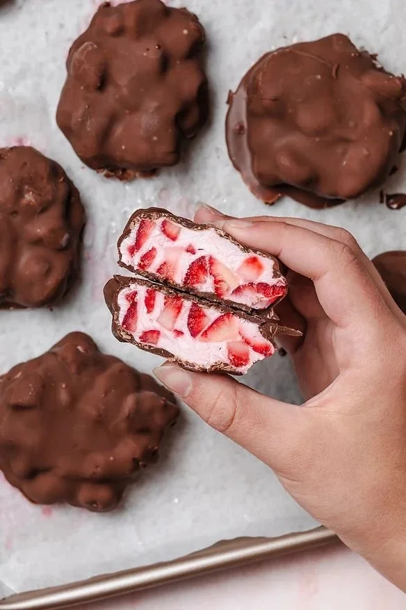 Gluten-free chocolate-covered strawberry yogurt bites ready to eat