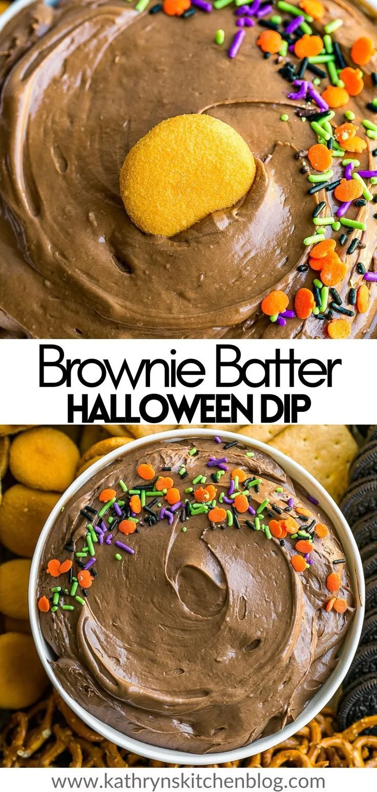 Halloween Brownie Batter Dip served in a festive bowl with toppings.