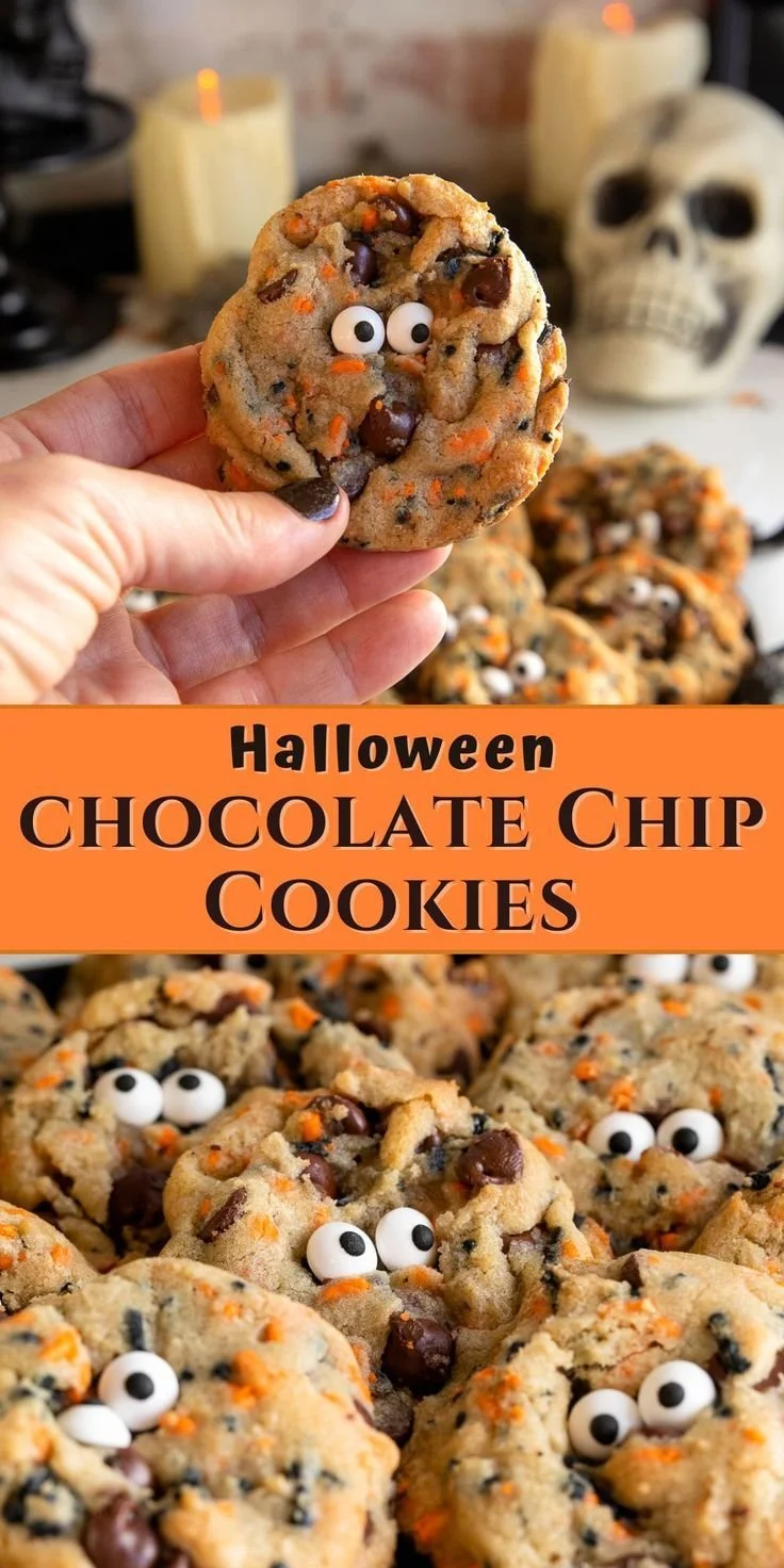 Plate of Halloween chocolate chip cookies decorated for Halloween.