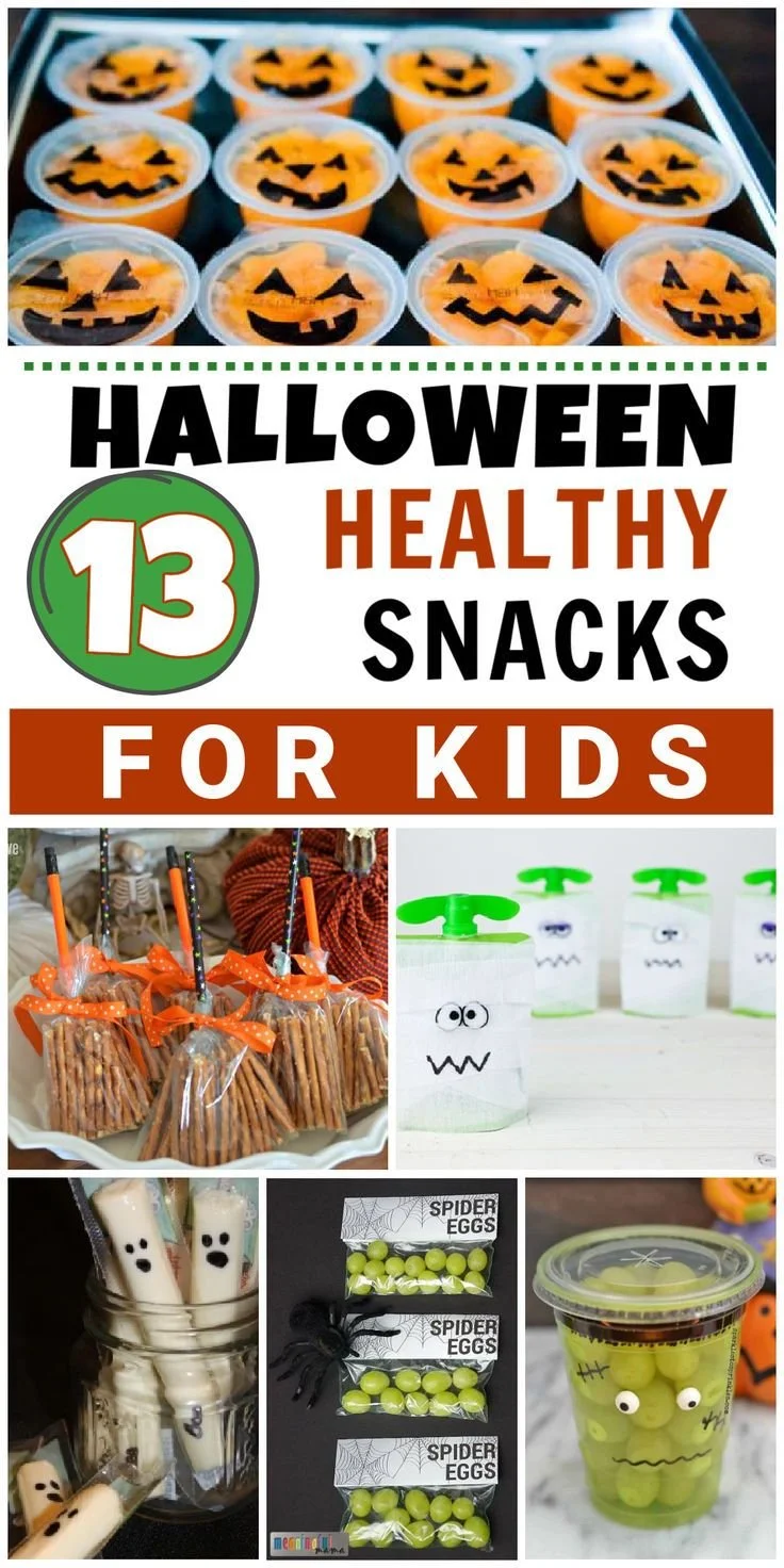 Colorful Halloween healthy snacks for kids on a festive table