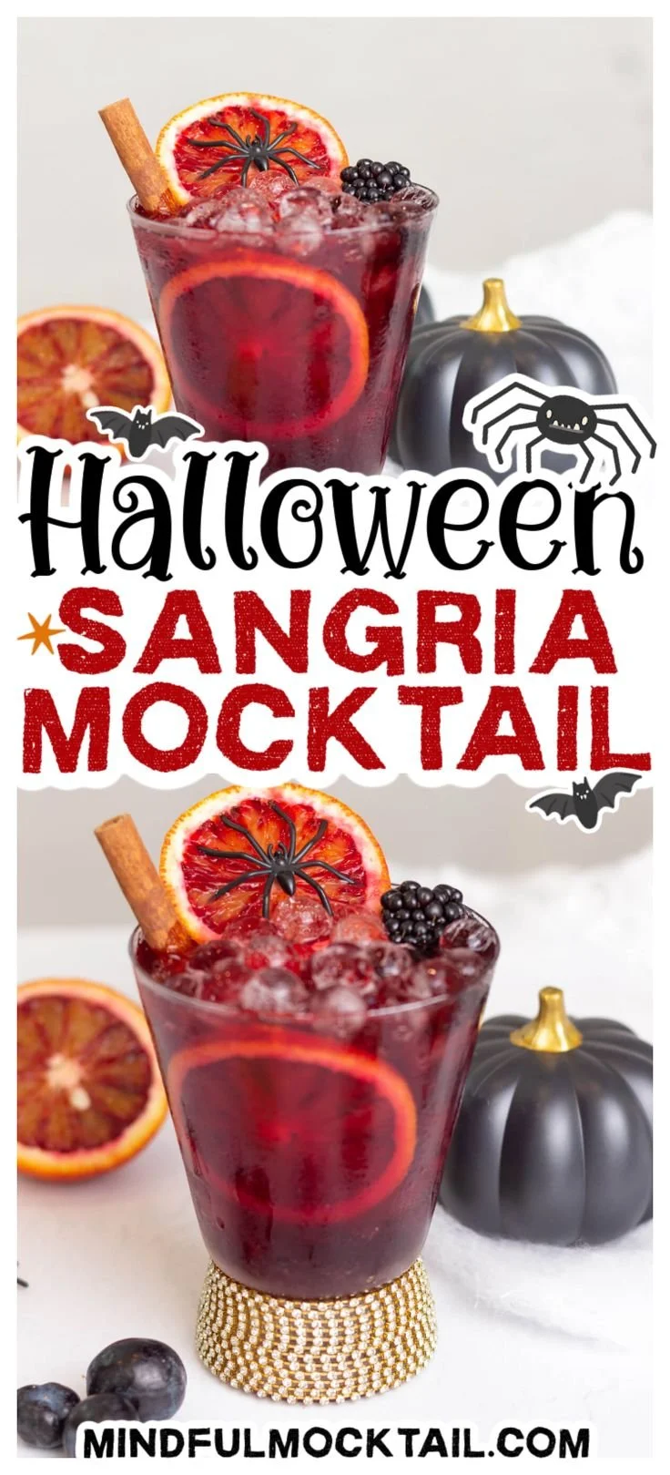 Colorful Halloween Sangria mocktail in a festive glass with spooky decorations